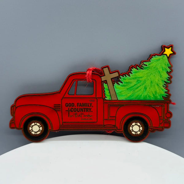 Red Truck - God, Family, Country - Ornament - #0624