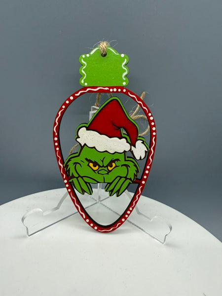Grinch Head with Santa Hat in Light Bulb 2 Ornament - #0705