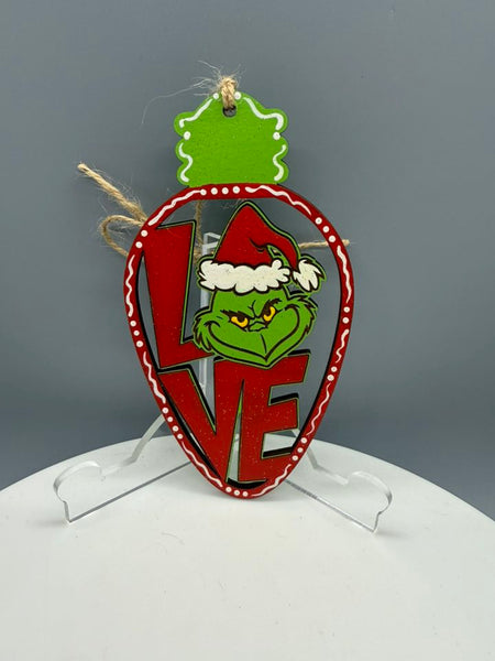 Grinch Head with Santa Hat in Light Bulb - Love 1 Ornament - #0708