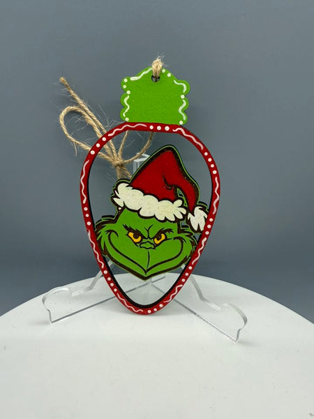 Grinch Head with Santa Hat in Light Bulb 3 Ornament - #0706