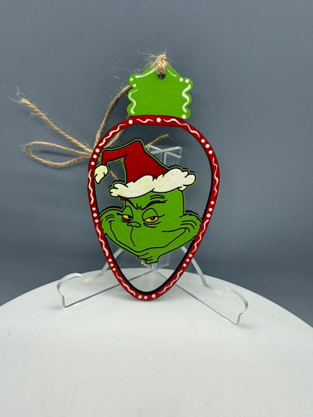 Grinch Head with Santa Hat in Light Bulb 1 Ornament - #0704