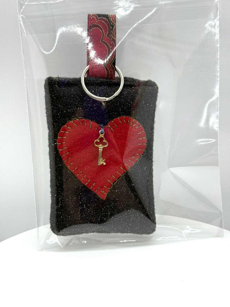 Fabric Pattern with Red Heart and Key Keychain - #0560